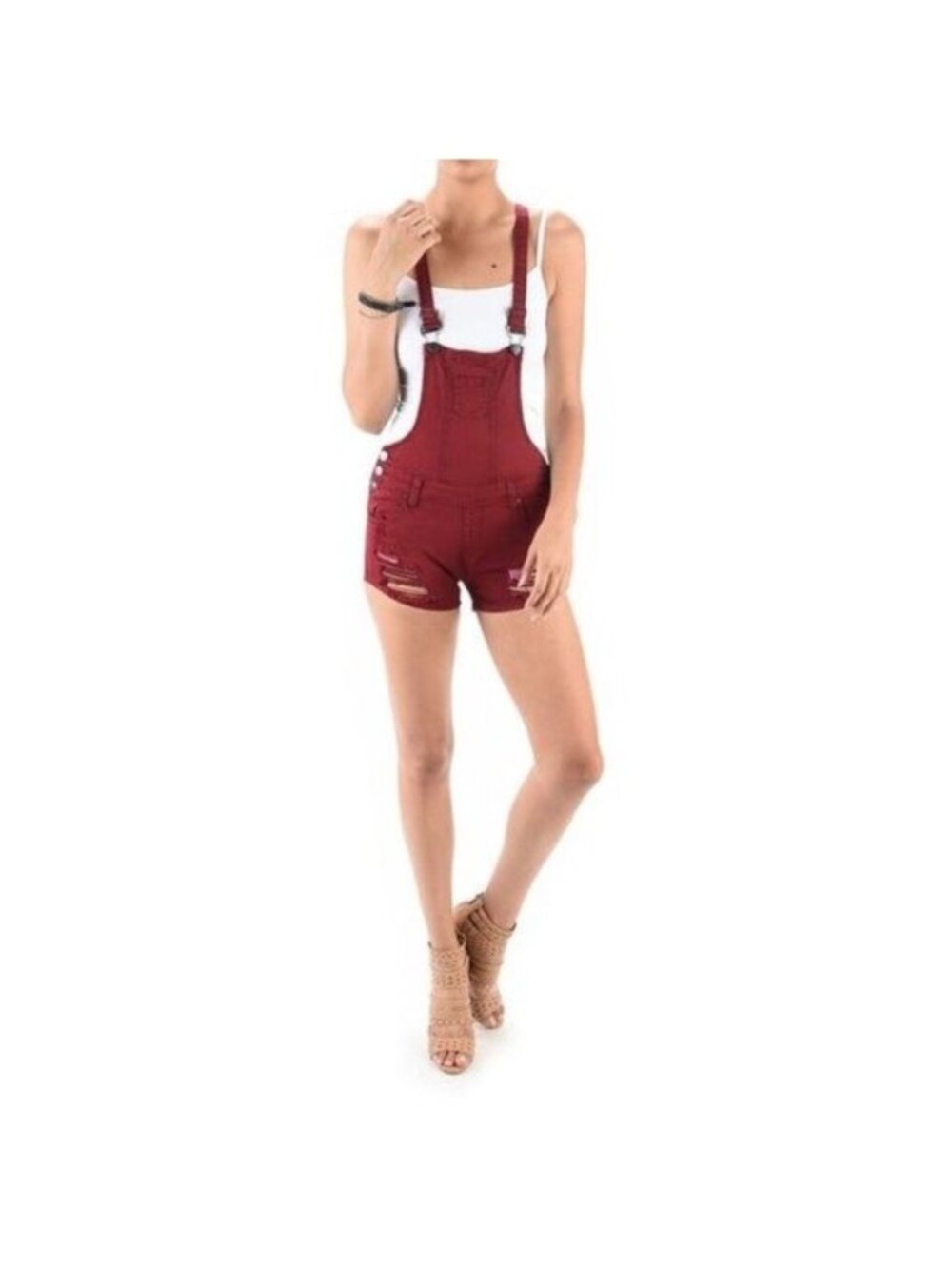 American Bazi Burgundy Distressed Short Overalls